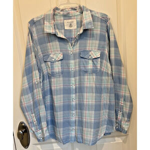Sonoma 1X shirt top blue plaid button down multi pockets long sleeve